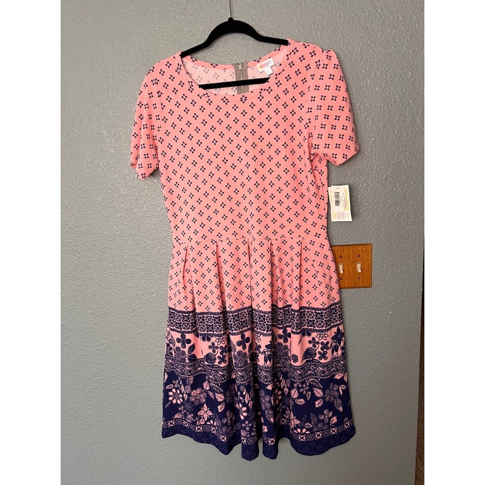 LuLaRoe Amelia Dress 2XL Pink Navy Blue Floral Border Print Short Sleeve Pleated